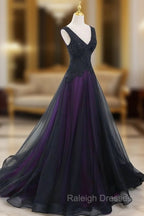 Black Tulle A-Line V-Neck Purple Satin Lace Applique Long Prom Dress With Beadings