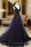 Black Tulle A-Line V-Neck Purple Satin Lace Applique Long Prom Dress With Beadings