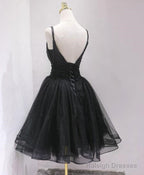 Black Tulle And Beaded Knee Length Straps Homecoming Dresses Black Short Prom Dress