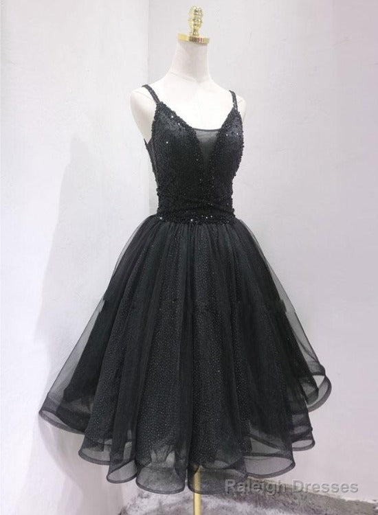 Black Tulle And Beaded Knee Length Straps Homecoming Dress, Black Short Prom Dresses Main image