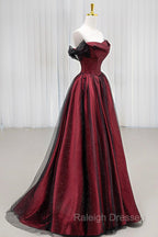 Black Tulle And Burgundy Satin Long Prom Dress, Charming A-Line Party Dress