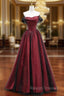 Black Tulle And Burgundy Satin Long Prom Dress, Charming A-Line Party Dress