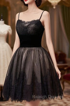 Black Tulle and Lace Straps Short Prom Dress, Black Homecoming Dress