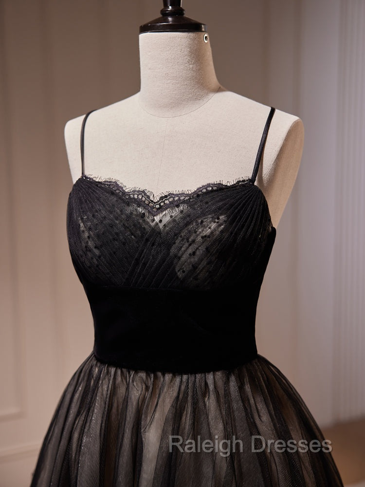 Black Tulle and Lace Straps Short Prom Dress, Black Homecoming Dress