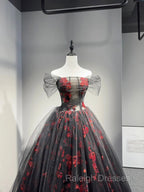 Black Tulle And Red Sequins Floor Length Prom Dress, Off The Shoulder Evening Party Dress