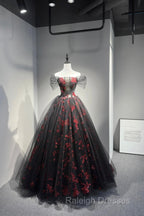 Black Tulle And Red Sequins Floor Length Prom Dress, Off The Shoulder Evening Party Dress