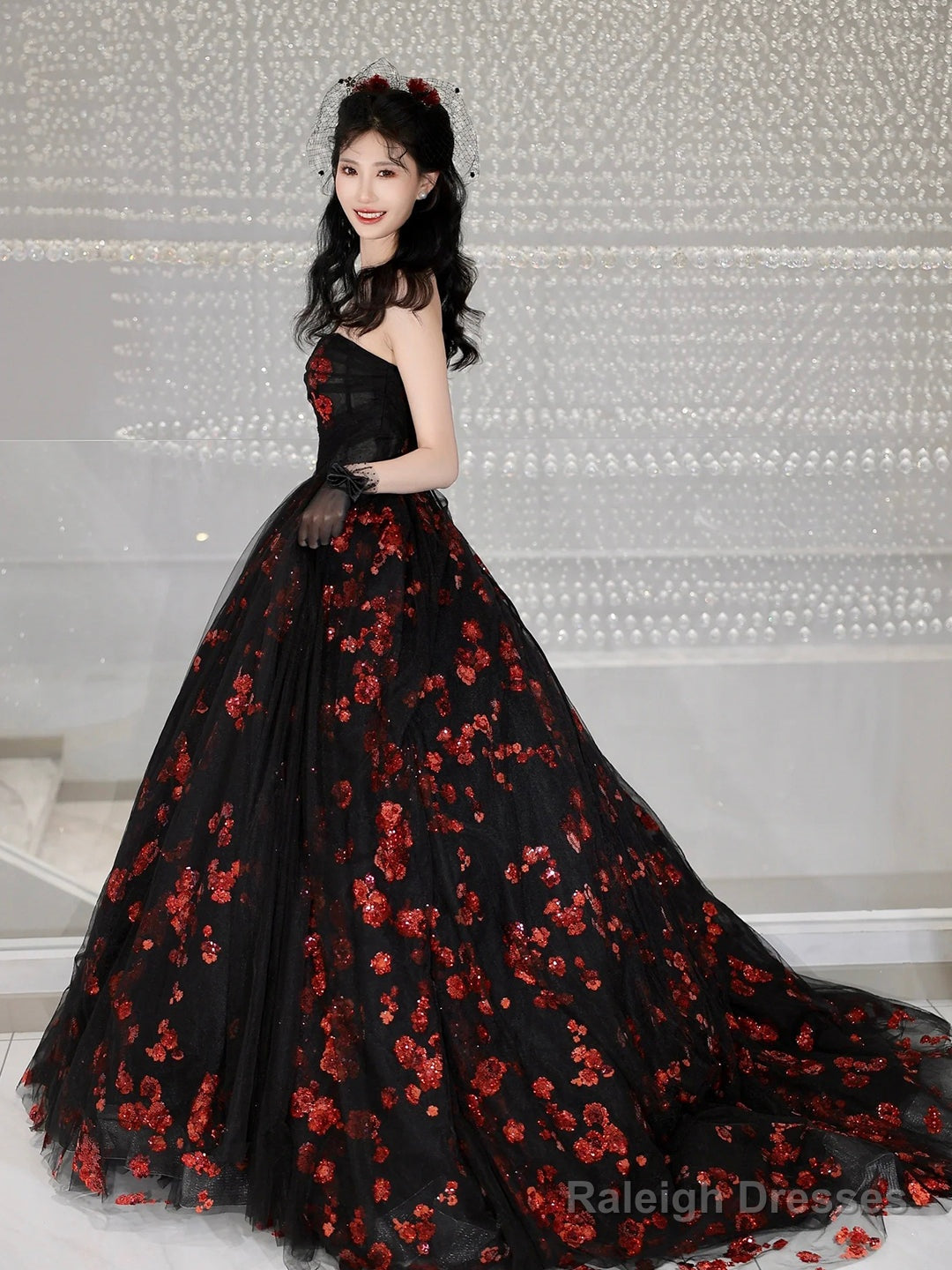 Black Tulle And Red Sequins Long Formal Dress, A-Line Strapless Evening Party Dress Secondary image