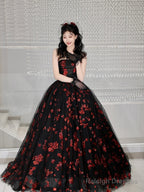 Black Tulle And Red Sequins Long Formal Dress, A-Line Strapless Evening Party Dress