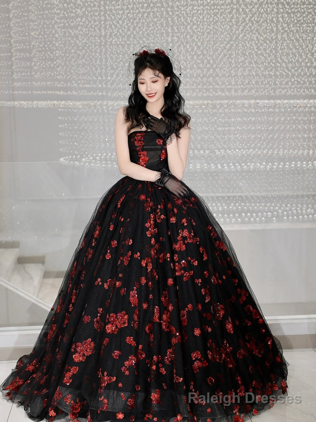 Black Tulle And Red Sequins Long Formal Dress, A-Line Strapless Evening Party Dress