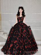 Black Tulle And Red Sequins Long Formal Dress, A-Line Strapless Evening Party Dress