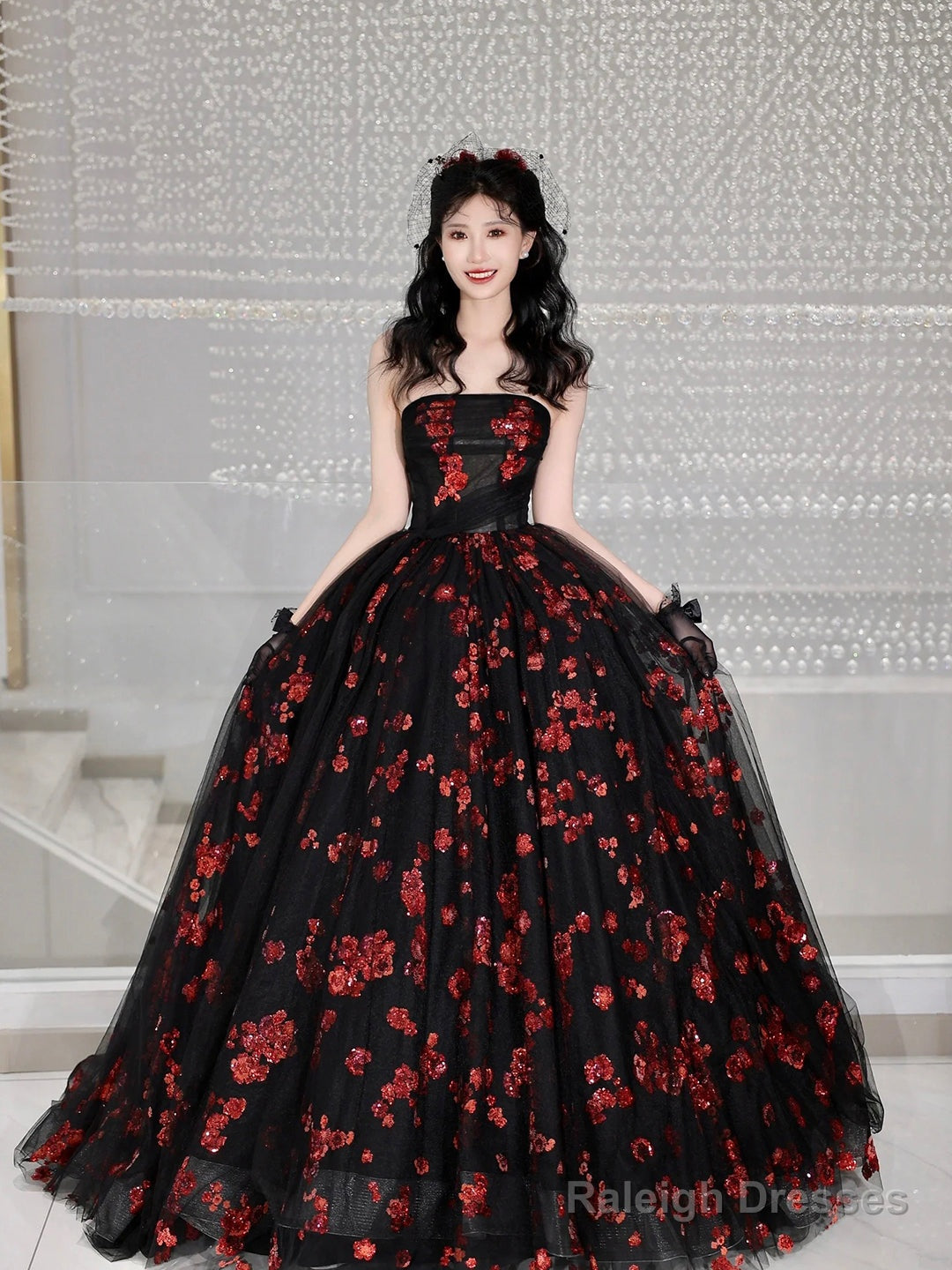 Black Tulle And Red Sequins Long Formal Dress, A-Line Strapless Evening Party Dress