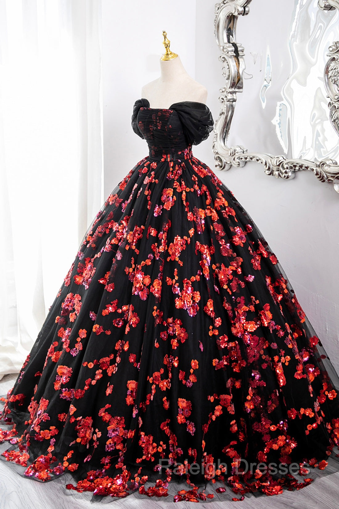 Black Tulle And Red Sequins Long Formal Dress, Off The Shoulder Evening Dress Secondary image