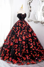 Black Tulle And Red Sequins Long Formal Dress, Off The Shoulder Evening Dress