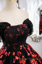Black Tulle And Red Sequins Long Formal Dress, Off The Shoulder Evening Dress