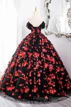 Black Tulle And Red Sequins Long Formal Dress, Off The Shoulder Evening Dress