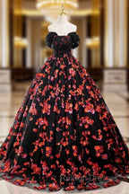 Black Tulle And Red Sequins Long Formal Dress, Off The Shoulder Evening Dress