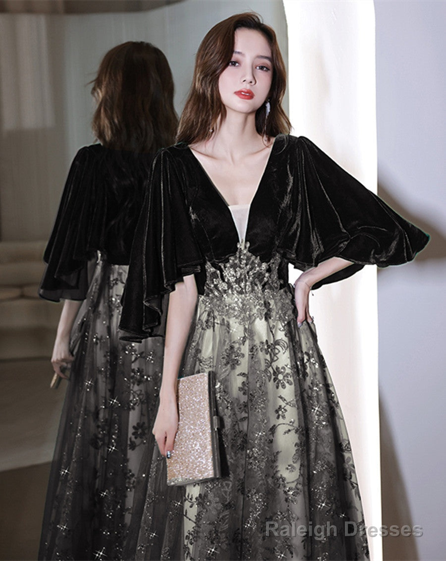 Black Tulle And Velvet Chic Long A-Line Prom Dresses Black Prom Dresses