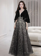 Black Tulle And Velvet Chic Long A-Line Prom Dresses Black Prom Dresses
