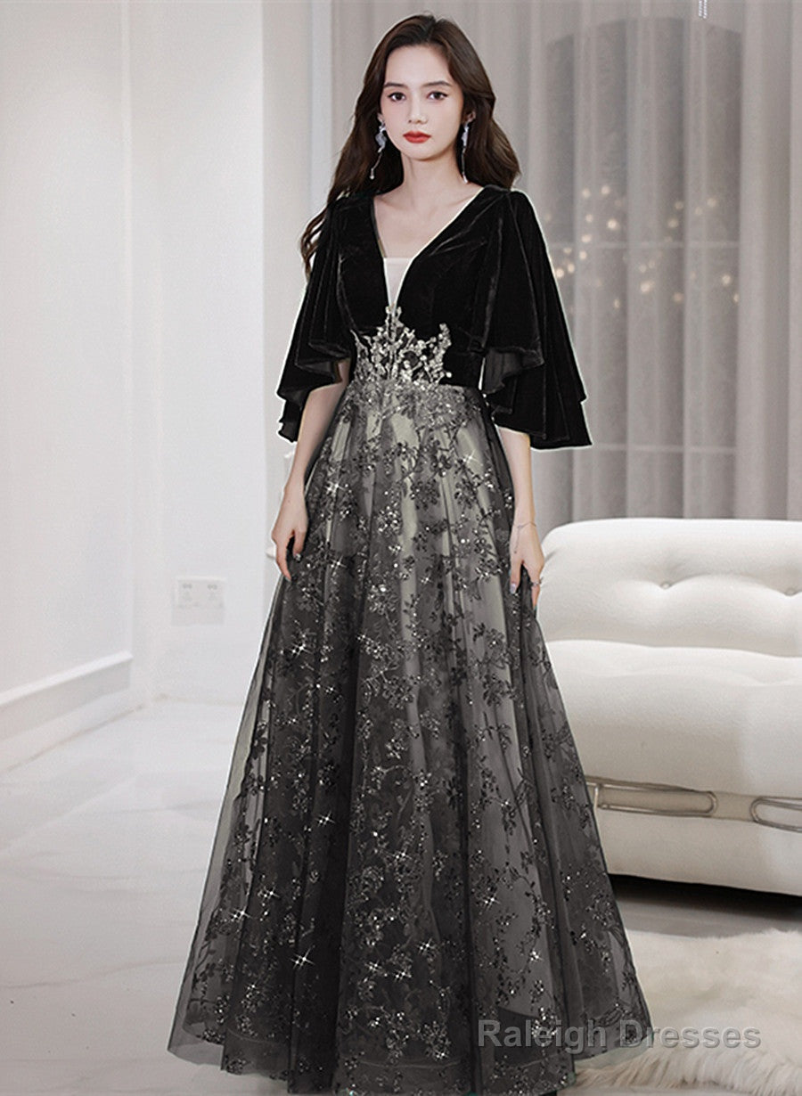 Black Tulle And Velvet Chic Long A-Line Prom Dresses Black Prom Dresses