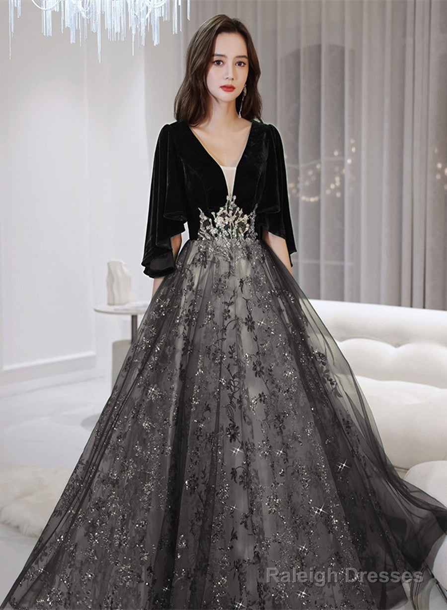 Black Tulle And Velvet Chic Long A-Line Prom Dresses Black Prom Dresses