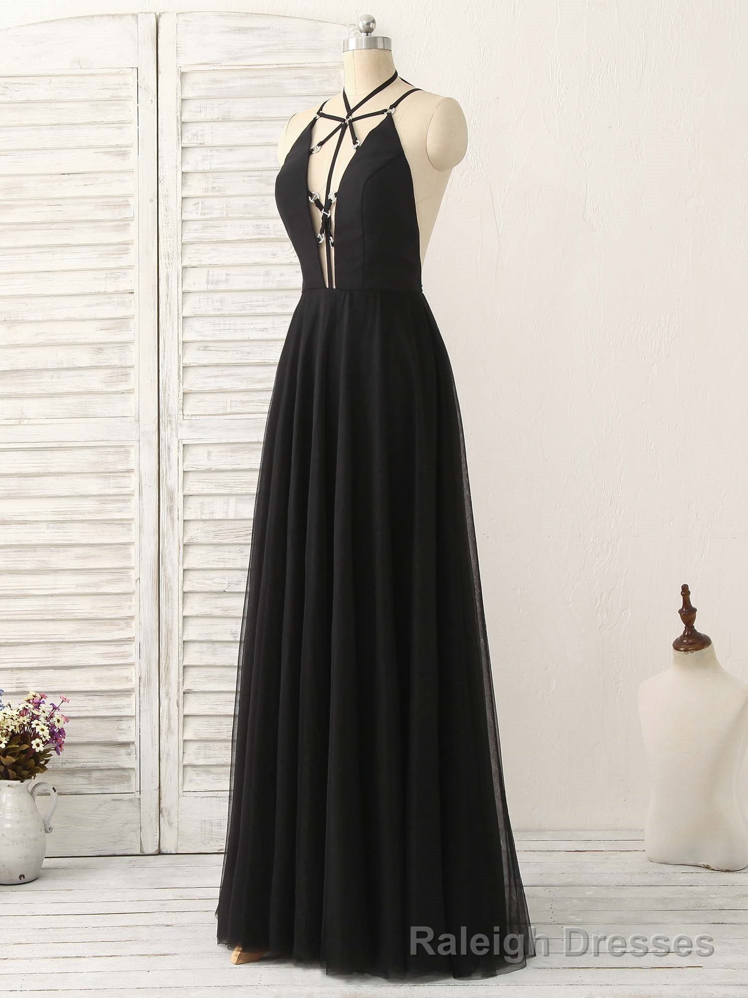 Black Tulle Backless Long Prom Dress, Black Evening Dress Secondary image