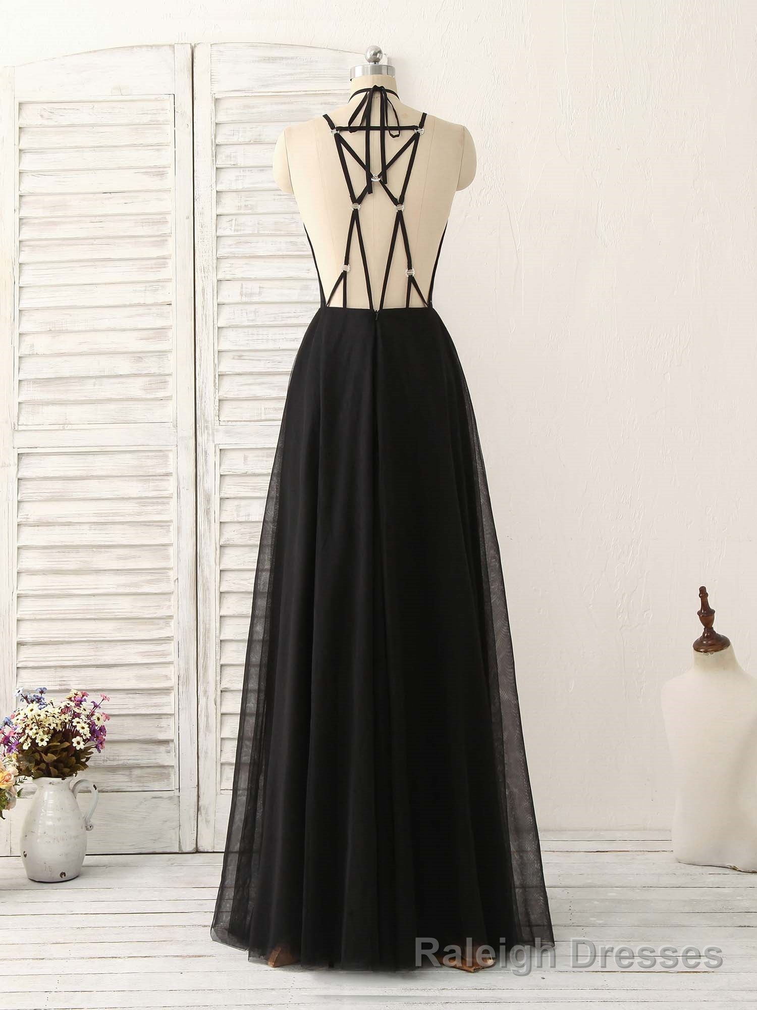 Black Tulle Backless Long Prom Dress, Black Evening Dress