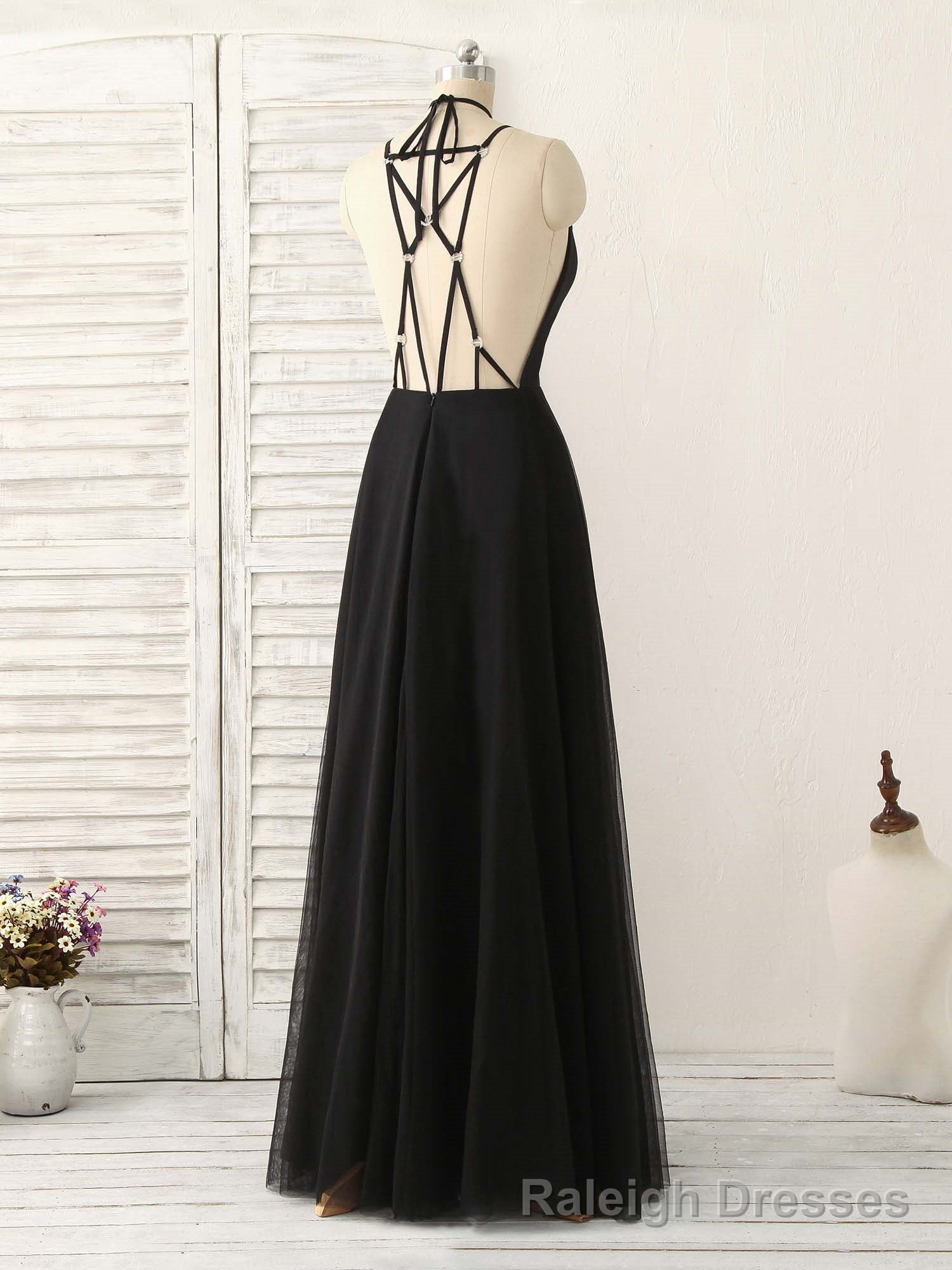Black Tulle Backless Long Prom Dress, Black Prom Dress