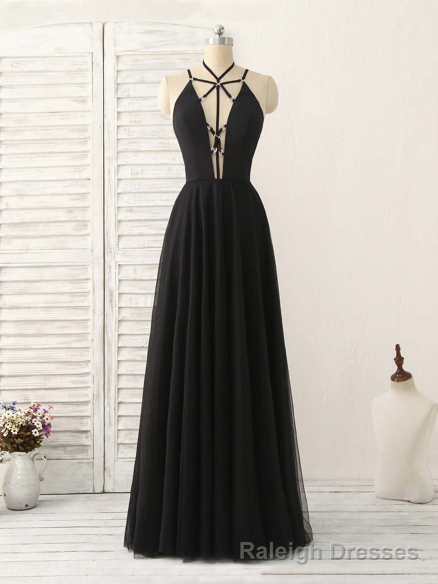 Black Tulle Backless Long Prom Dress, Black Prom Dress