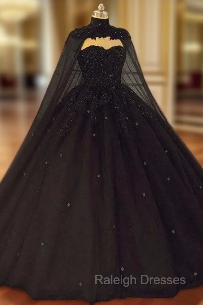 Black Tulle Ball Gown Wedding Party Dress with Cap, Black Lace Formal Gown