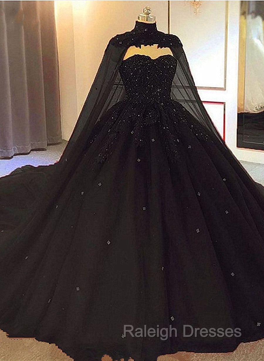 Black Tulle Ball Gown Wedding Party Dress with Cap, Black Lace Formal Gown Secondary image