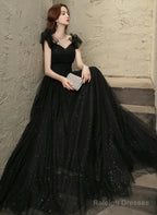 Black Tulle Beaded A-Line Long Prom Dresses Short Sleeves Prom Dresses