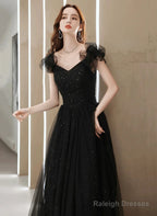 Black Tulle Beaded A-Line Long Prom Dresses Short Sleeves Prom Dresses