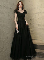 Black Tulle Beaded A-Line Long Prom Dresses Short Sleeves Prom Dresses