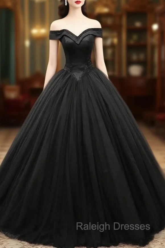 Black Tulle Beaded Long Ball Gown, A-Line Off the Shoulder Evening Formal Gown