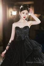 Black Tulle Beaded Long Ball Gown, A-Line Strapless Evening Formal Gown
