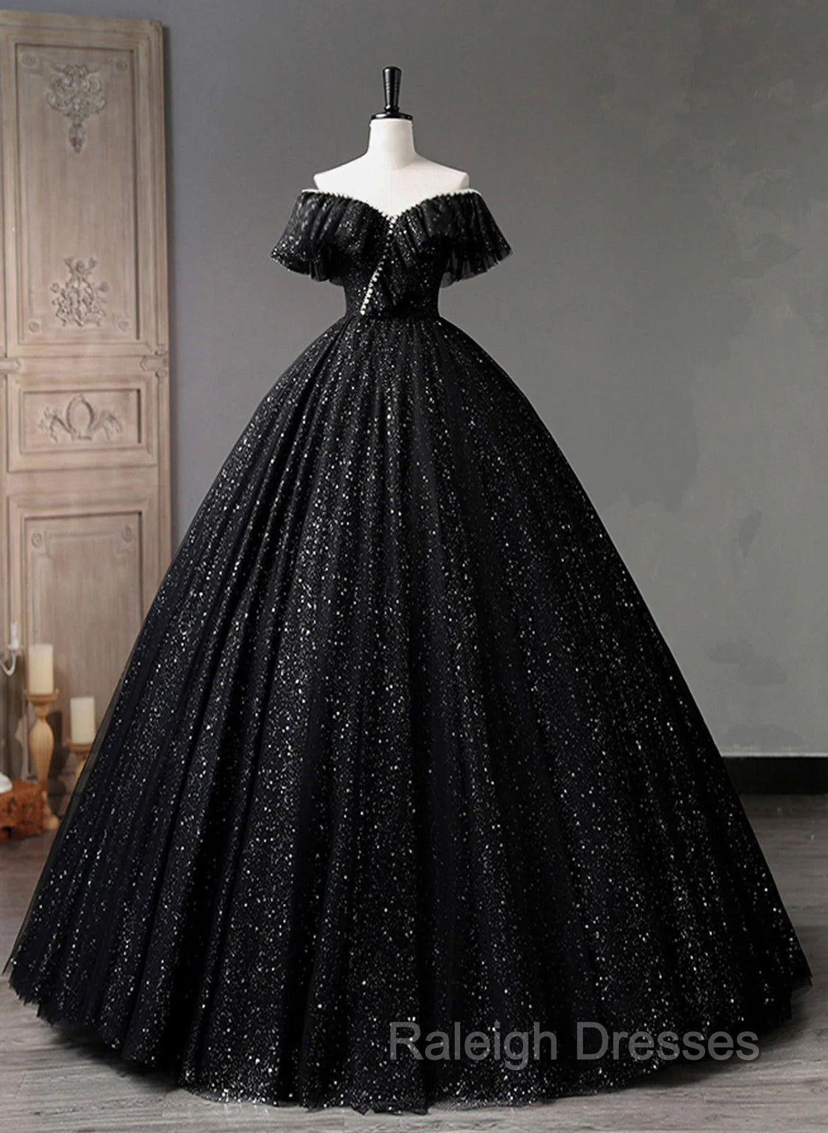 Black Tulle Beaded Long Formal Gown, Black Tulle A-line Prom Dress