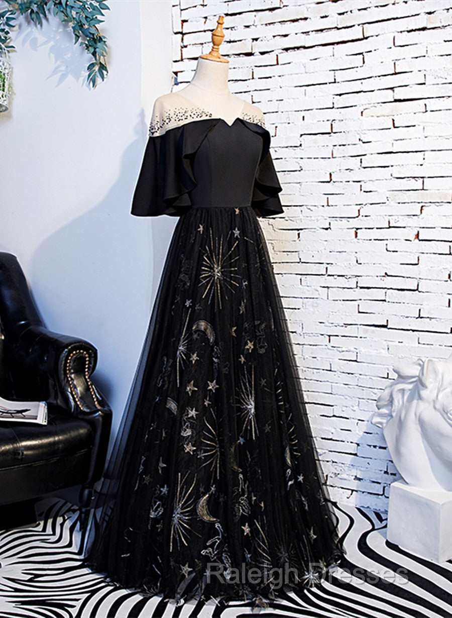 Black Tulle Beaded Long Party Dress, A-Line Black Formal Dress Prom Dress Secondary image