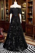Black Tulle Beaded Long Party Dress, A-Line Black Formal Dress Prom Dress