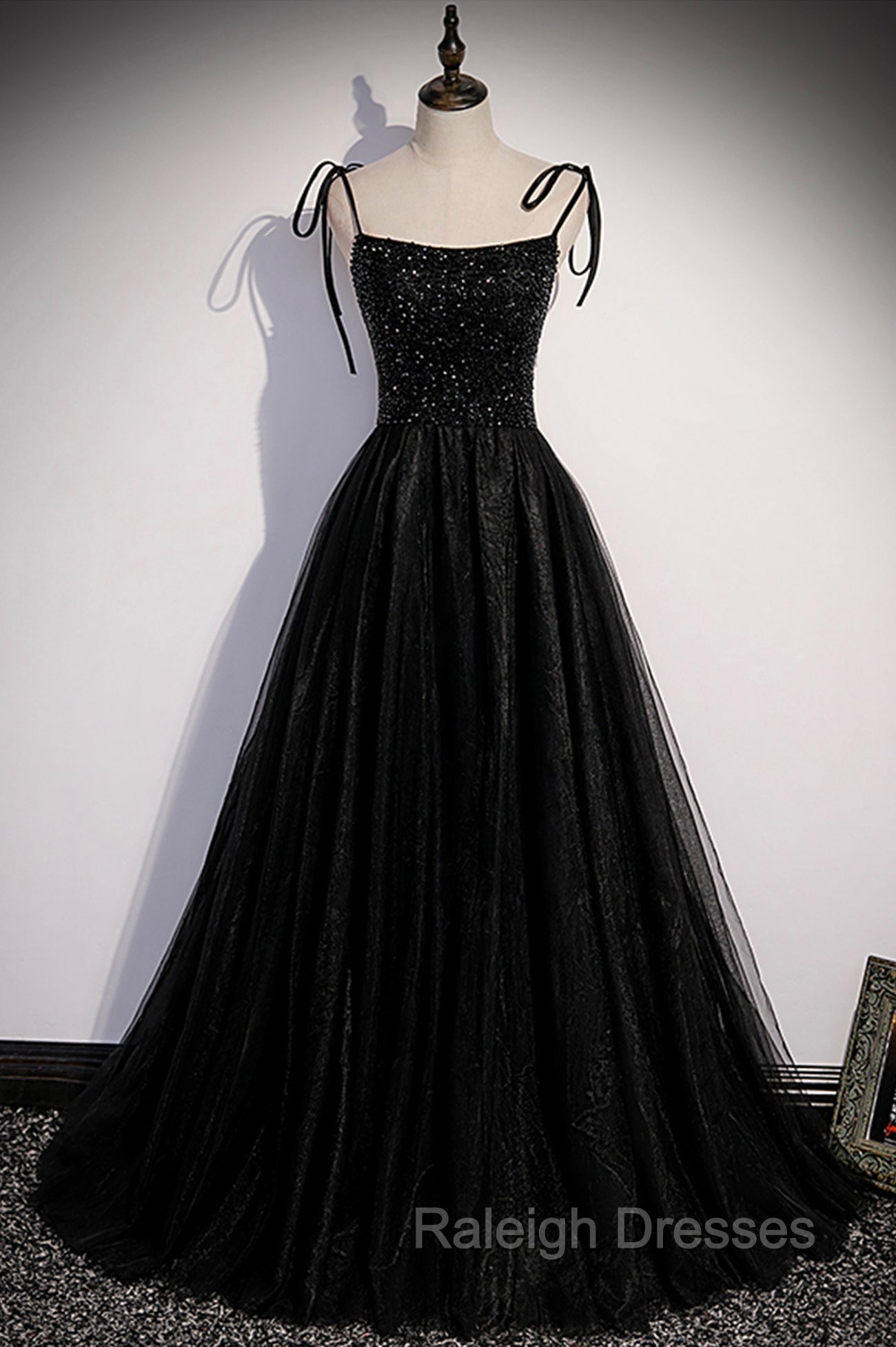 Black Tulle Beaded Long Prom Dress, A Line Spaghetti Straps Prom Dress Main image
