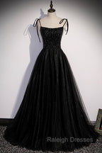 Black Tulle Beaded Long Prom Dress, A Line Spaghetti Straps Prom Dress