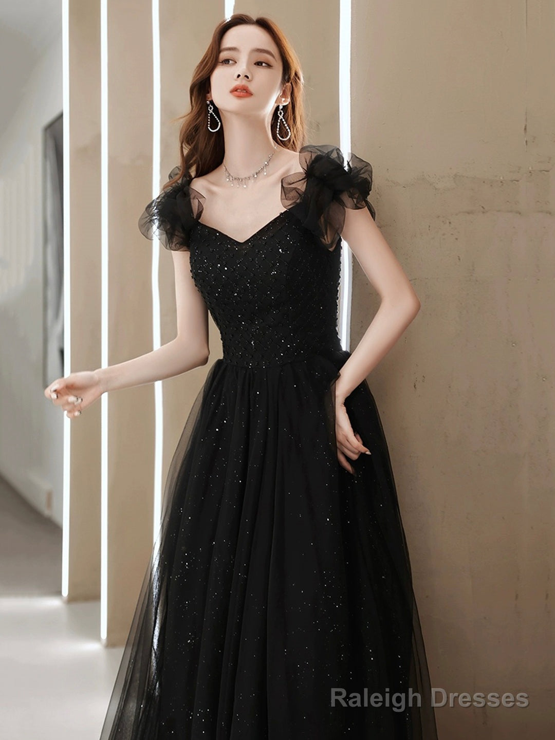 Black Tulle Beaded Long Prom Dress, Short Sleeve Evening Party Dress Secondary image