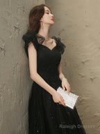 Black Tulle Beaded Long Prom Dress, Short Sleeve Evening Party Dress