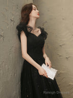 Black Tulle Beaded Long Prom Dresses Short Sleeve Prom Dresses