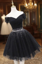Black Tulle Beaded Short Prom Dress, Off Shoulder Prom Prom Dress