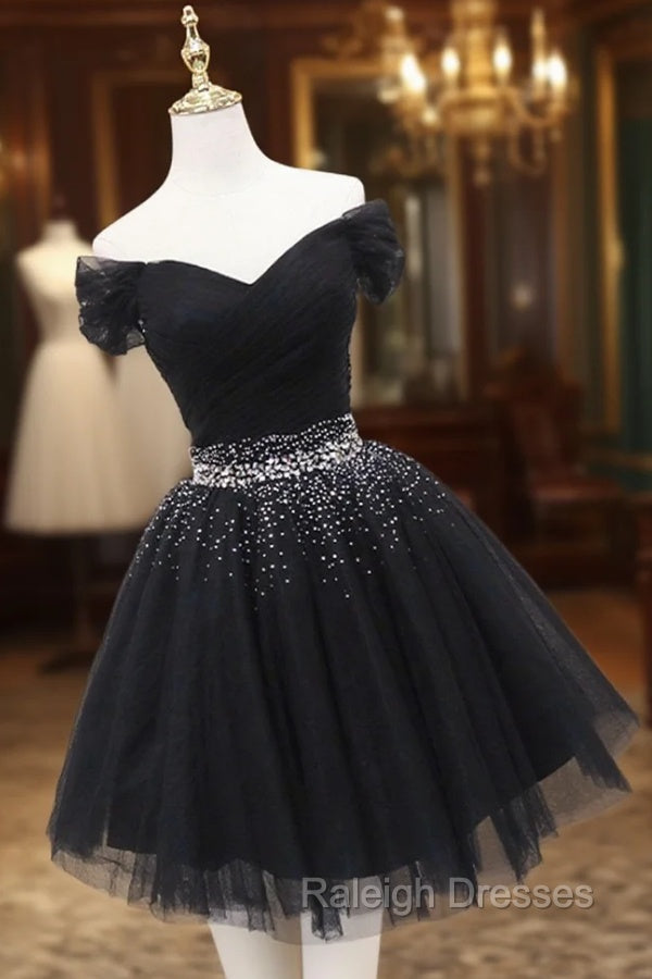 Black Tulle Beaded Short Prom Dress, Off Shoulder Prom Prom Dress