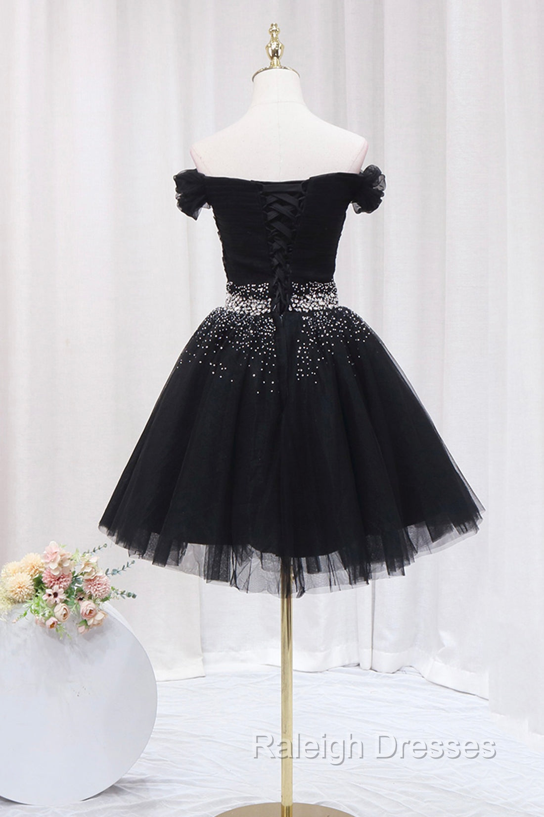 Black Tulle Beaded Short Prom Dress, Off Shoulder Prom Prom Dress