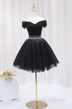 Black Tulle Beaded Short Prom Dress, Off Shoulder Evening Party Dress