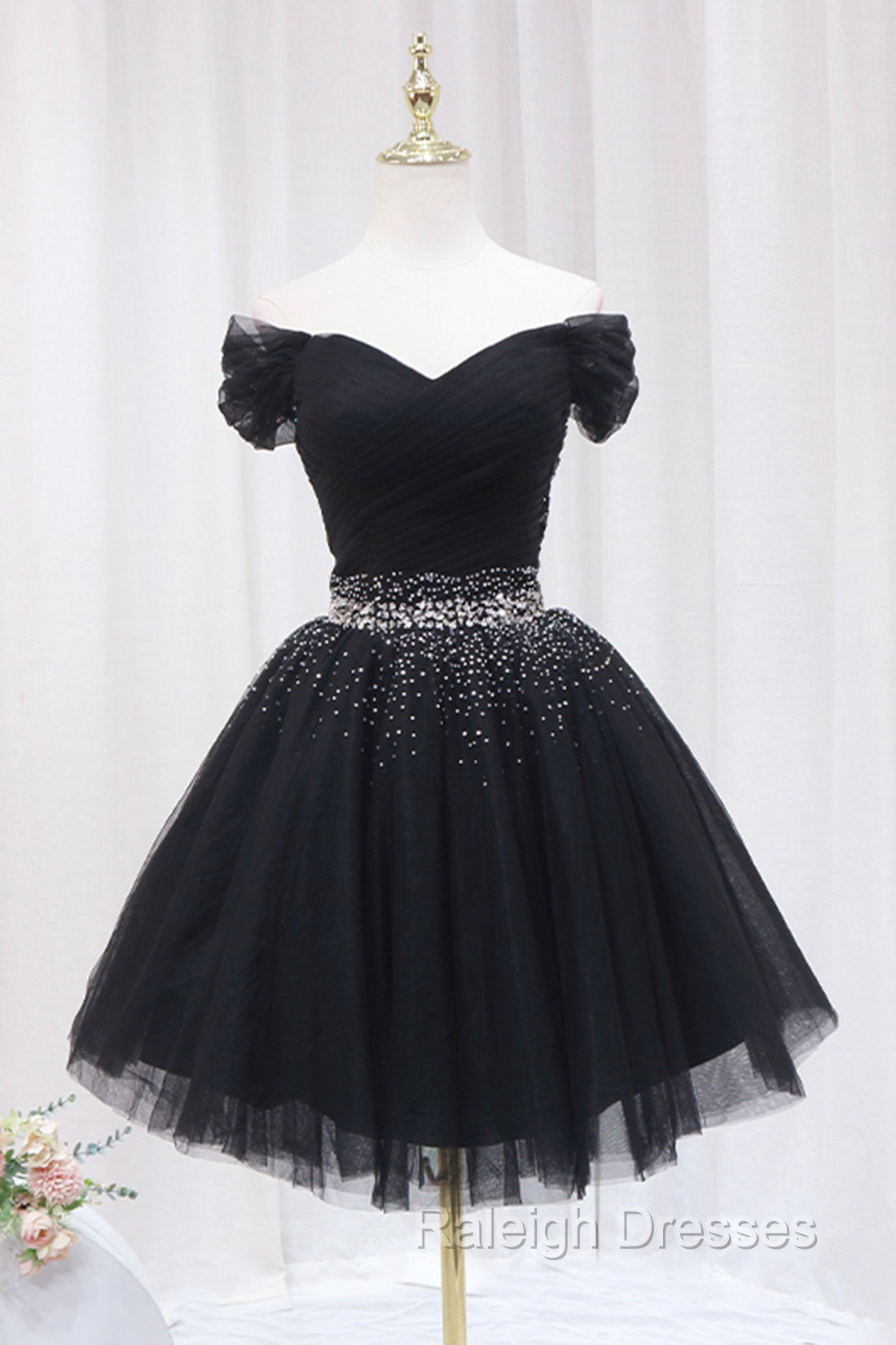 Black Tulle Beaded Short Prom Dress, Off Shoulder Prom Prom Dress Main image