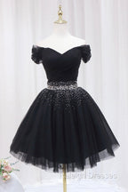 Black Tulle Beaded Short Prom Dress, Off Shoulder Prom Prom Dress