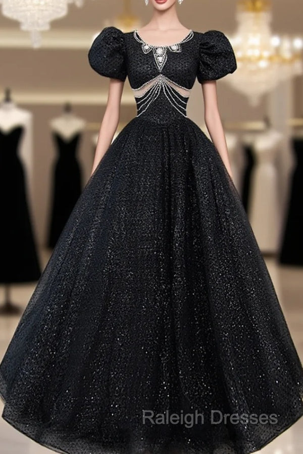 Black Tulle Beaded Short Sleeves Prom Dress, Black Tulle Formal Dress Main image